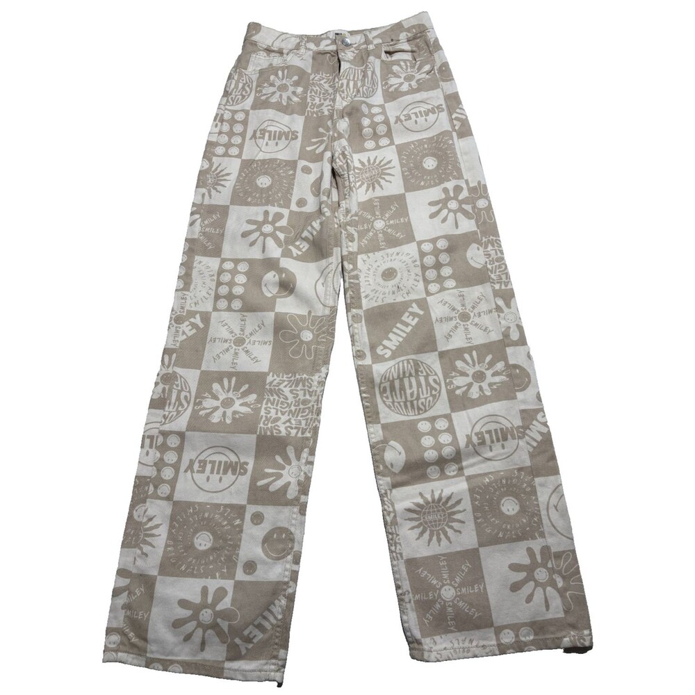 Smiley H&M Beige Pant High Waist Wide Straight Leg Jeans Women's Cotton sz 28x31